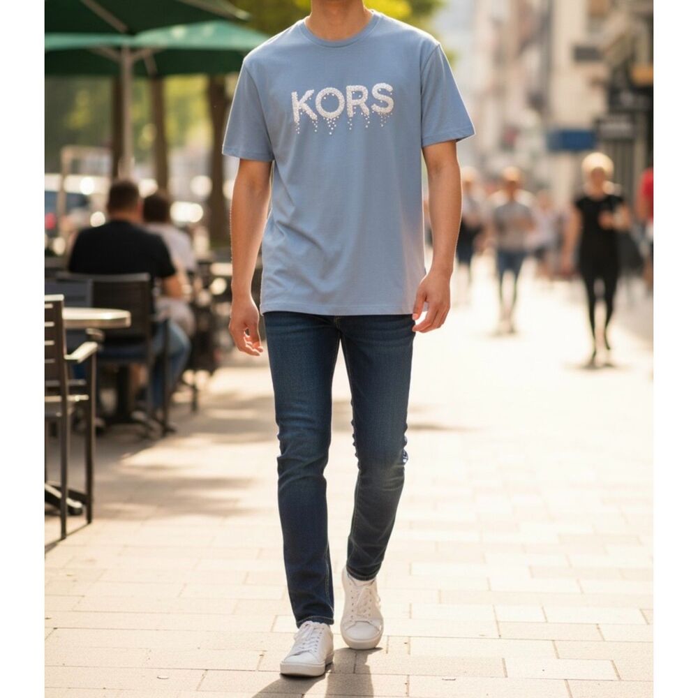 Michael Kors Blue Embellished "KORS" Logo T-Shirt - Size Large